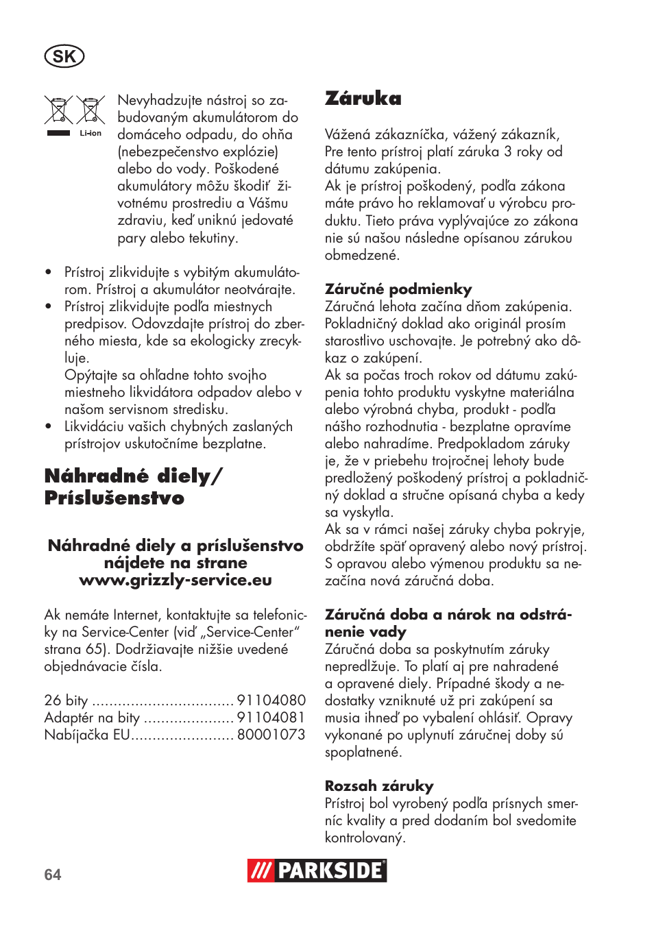 Náhradné diely/ príslušenstvo, Záruka | Parkside PSSA 3.6 C3 User Manual | Page 64 / 82