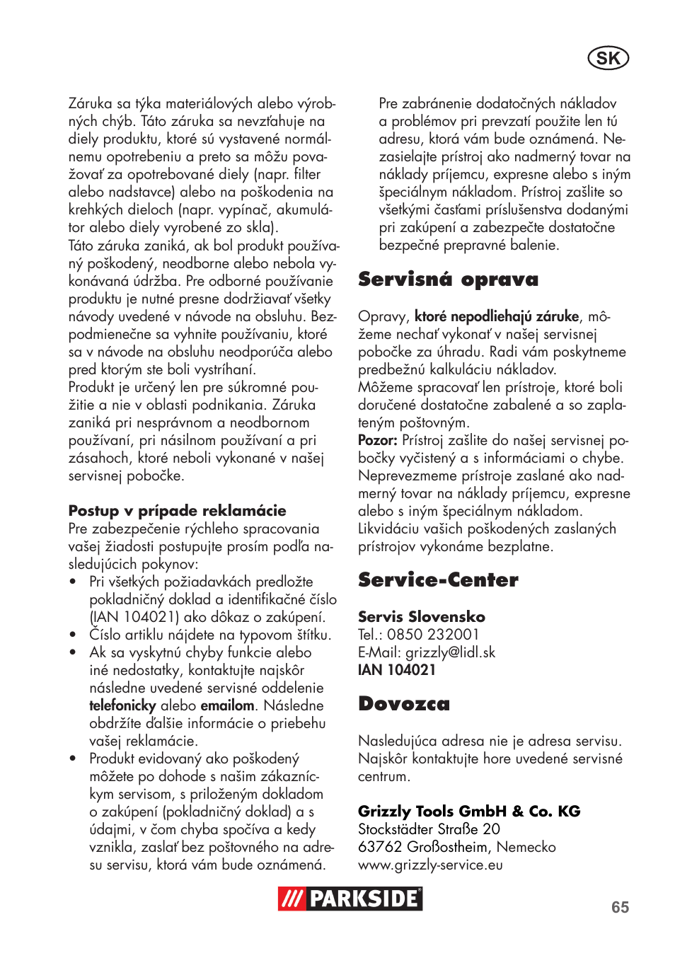 Servisná oprava, Service-center, Dovozca | Parkside PSSA 3.6 C3 User Manual | Page 65 / 82
