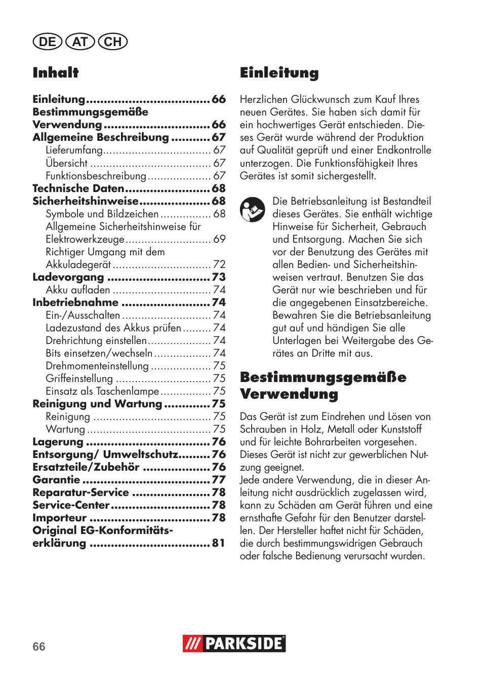 Inhalt, Einleitung, Bestimmungsgemäße verwendung | De at ch | Parkside PSSA 3.6 C3 User Manual | Page 66 / 82