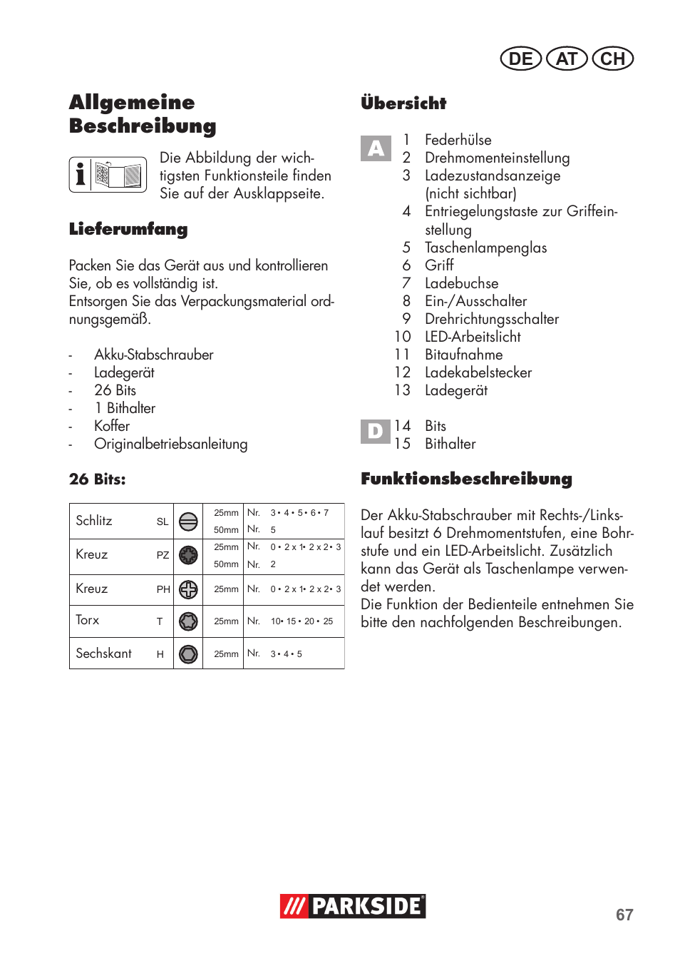 Allgemeine beschreibung, De at ch, Lieferumfang | Übersicht, Funktionsbeschreibung | Parkside PSSA 3.6 C3 User Manual | Page 67 / 82