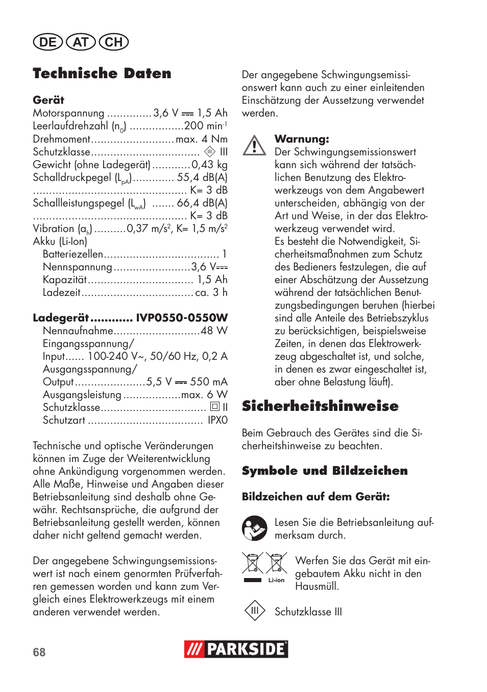 Technische daten, Sicherheitshinweise, De at ch | Parkside PSSA 3.6 C3 User Manual | Page 68 / 82
