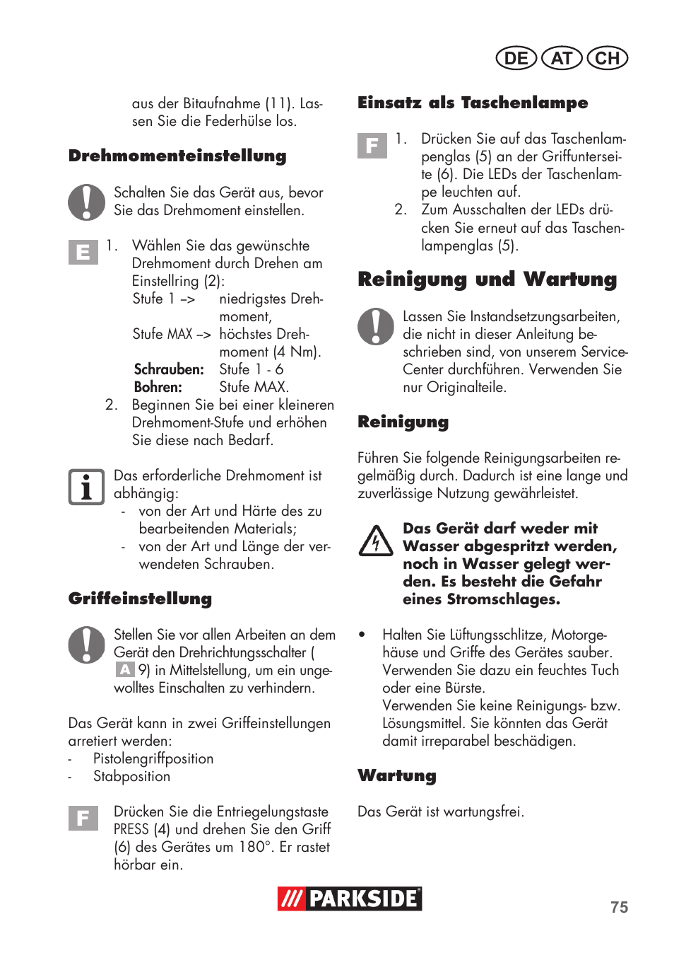 Reinigung und wartung, De at ch | Parkside PSSA 3.6 C3 User Manual | Page 75 / 82