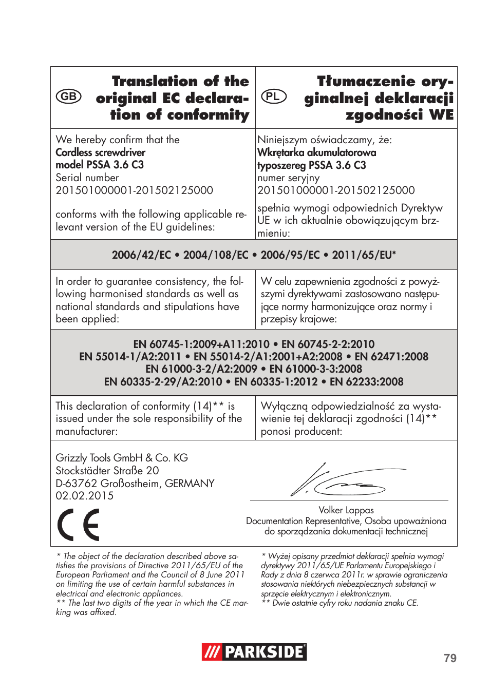 Parkside PSSA 3.6 C3 User Manual | Page 79 / 82