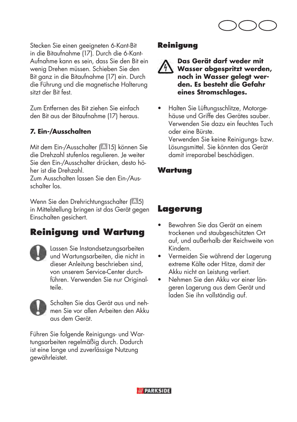 Reinigung und wartung, Lagerung, De at ch | Parkside PABSW 10.8 B3 User Manual | Page 15 / 68