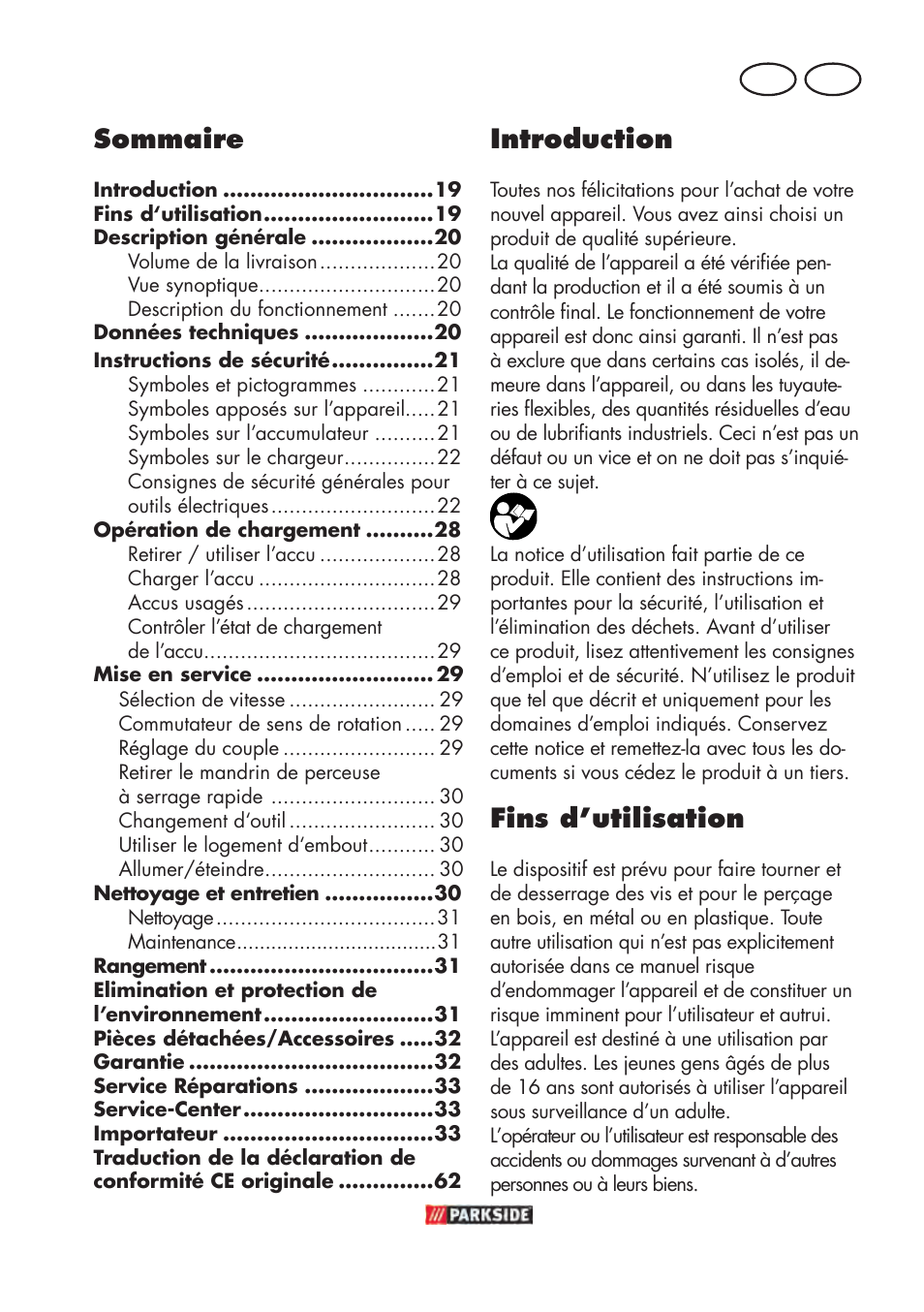 Sommaire, Introduction, Fins d’utilisation | Ch fr | Parkside PABSW 10.8 B3 User Manual | Page 19 / 68