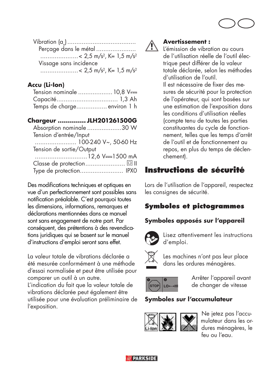 Instructions de sécurité, Ch fr | Parkside PABSW 10.8 B3 User Manual | Page 21 / 68