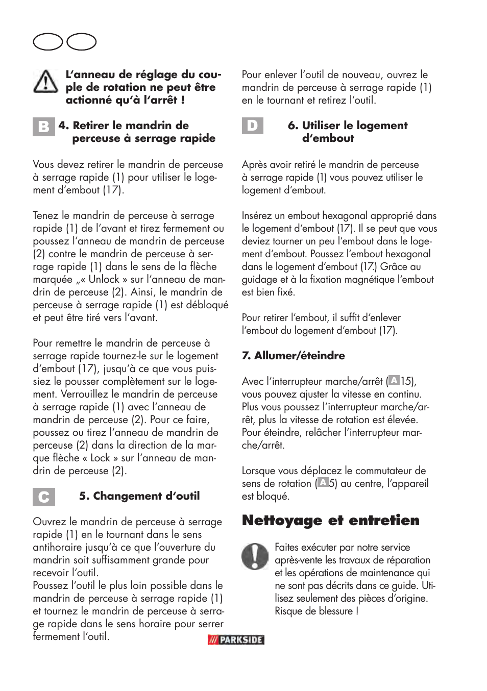 Nettoyage et entretien, Fr ch | Parkside PABSW 10.8 B3 User Manual | Page 30 / 68