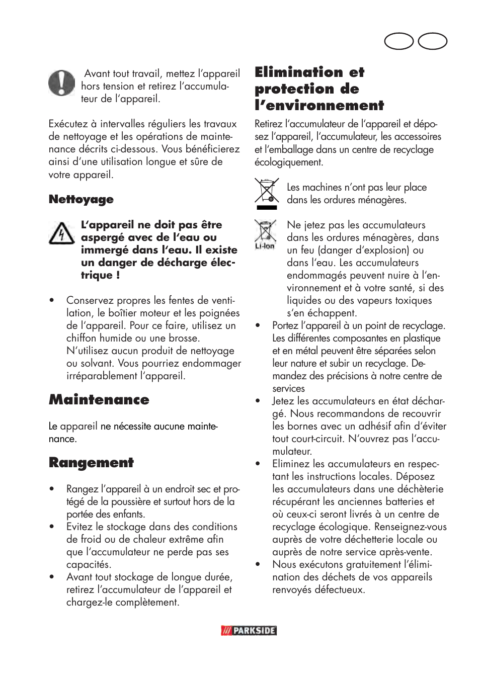 Maintenance, Rangement, Elimination et protection de l’environnement | Parkside PABSW 10.8 B3 User Manual | Page 31 / 68