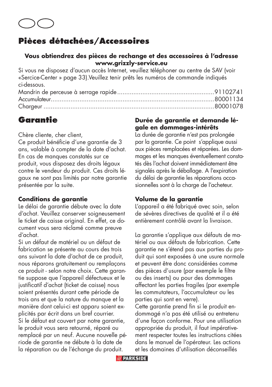 Garantie, Pièces détachées/accessoires, Fr ch | Parkside PABSW 10.8 B3 User Manual | Page 32 / 68