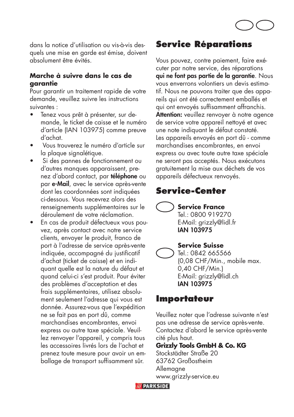Service réparations, Service-center, Importateur | Ch fr | Parkside PABSW 10.8 B3 User Manual | Page 33 / 68