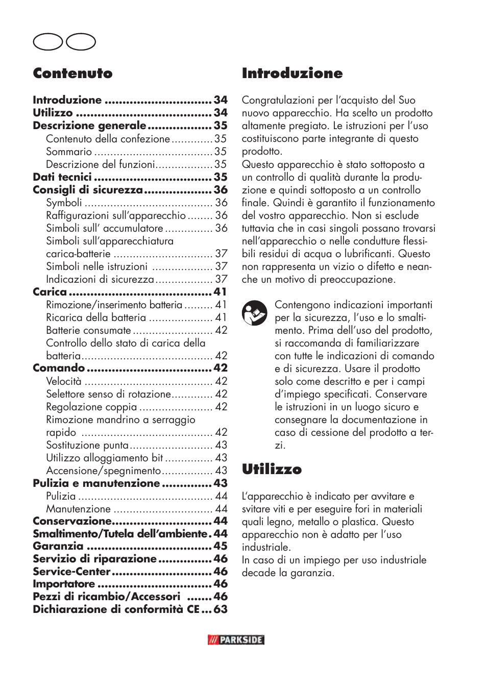 Contenuto, Introduzione, Utilizzo | It ch | Parkside PABSW 10.8 B3 User Manual | Page 34 / 68