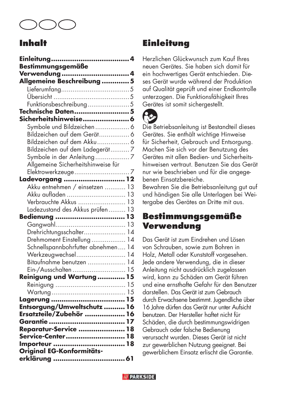 Inhalt, Einleitung, Bestimmungsgemäße verwendung | De at ch | Parkside PABSW 10.8 B3 User Manual | Page 4 / 68