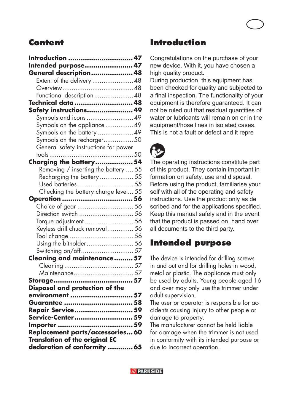 Content, Introduction, Intended purpose | Parkside PABSW 10.8 B3 User Manual | Page 47 / 68