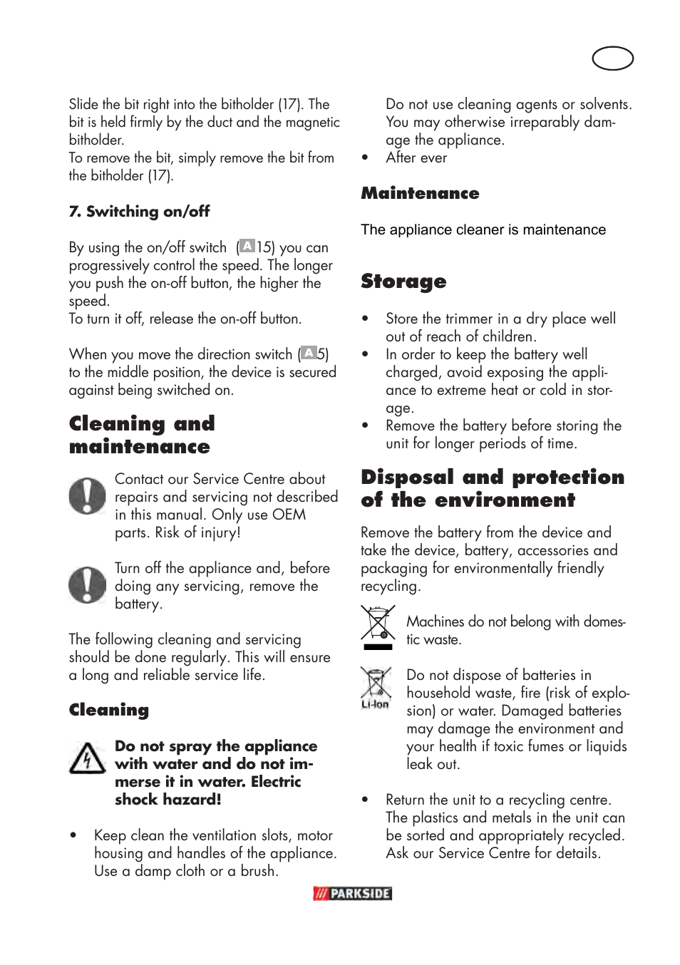 Cleaning and maintenance, Storage, Disposal and protection of the environment | Parkside PABSW 10.8 B3 User Manual | Page 57 / 68