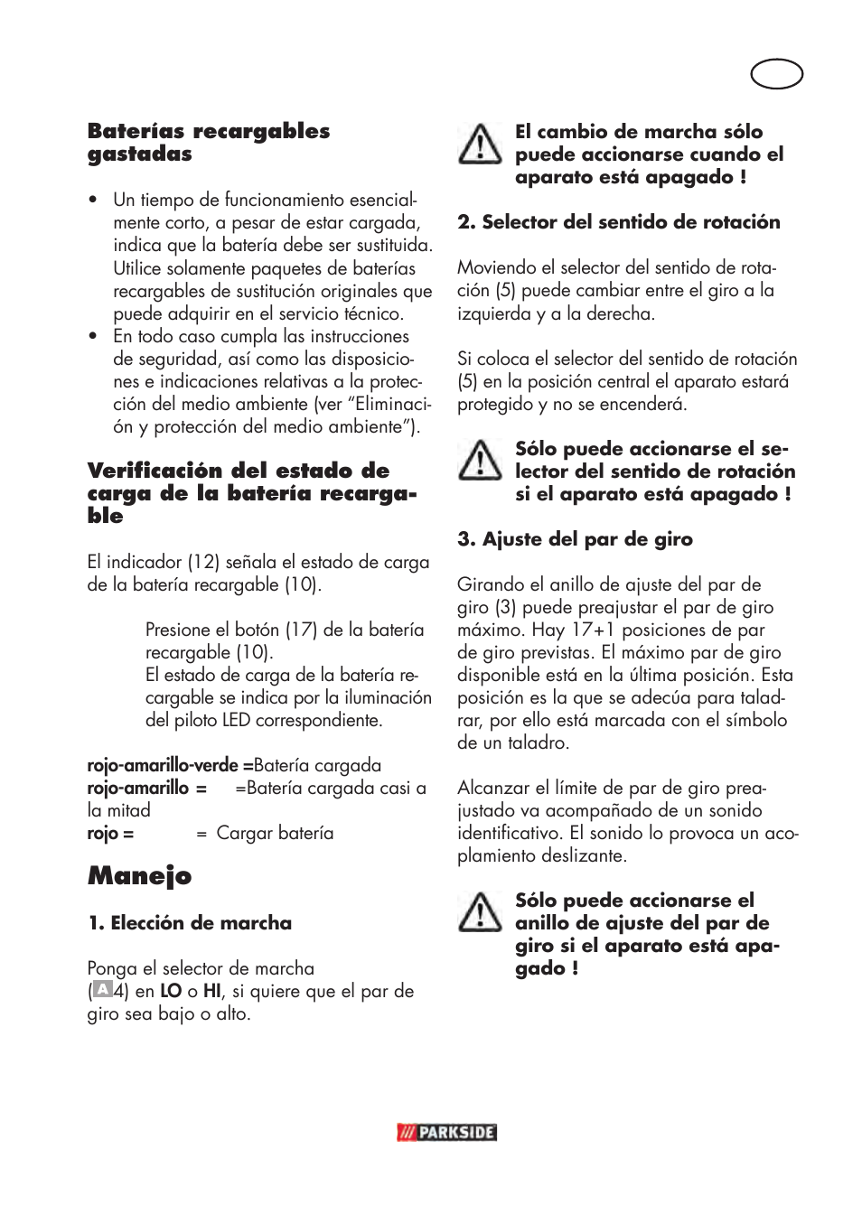Manejo | Parkside PABSW 10.8 B3 User Manual | Page 13 / 84