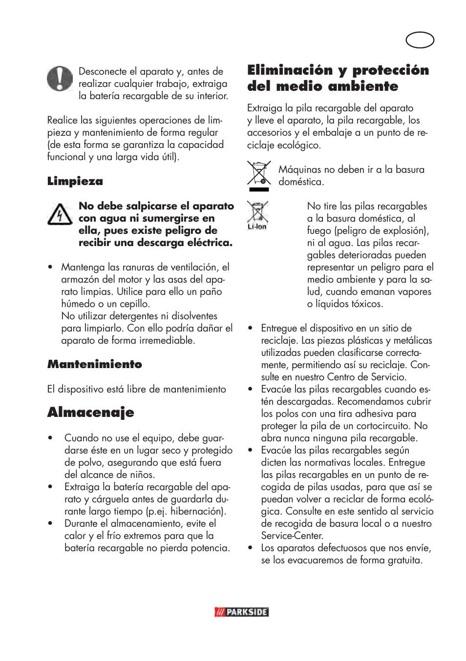 Almacenaje, Eliminación y protección del medio ambiente | Parkside PABSW 10.8 B3 User Manual | Page 15 / 84