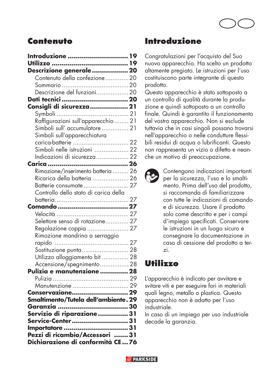 Contenuto, Introduzione, Utilizzo | It mt | Parkside PABSW 10.8 B3 User Manual | Page 19 / 84