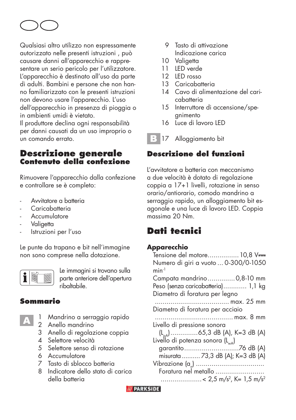 Descrizione generale, Dati tecnici, It mt | Parkside PABSW 10.8 B3 User Manual | Page 20 / 84