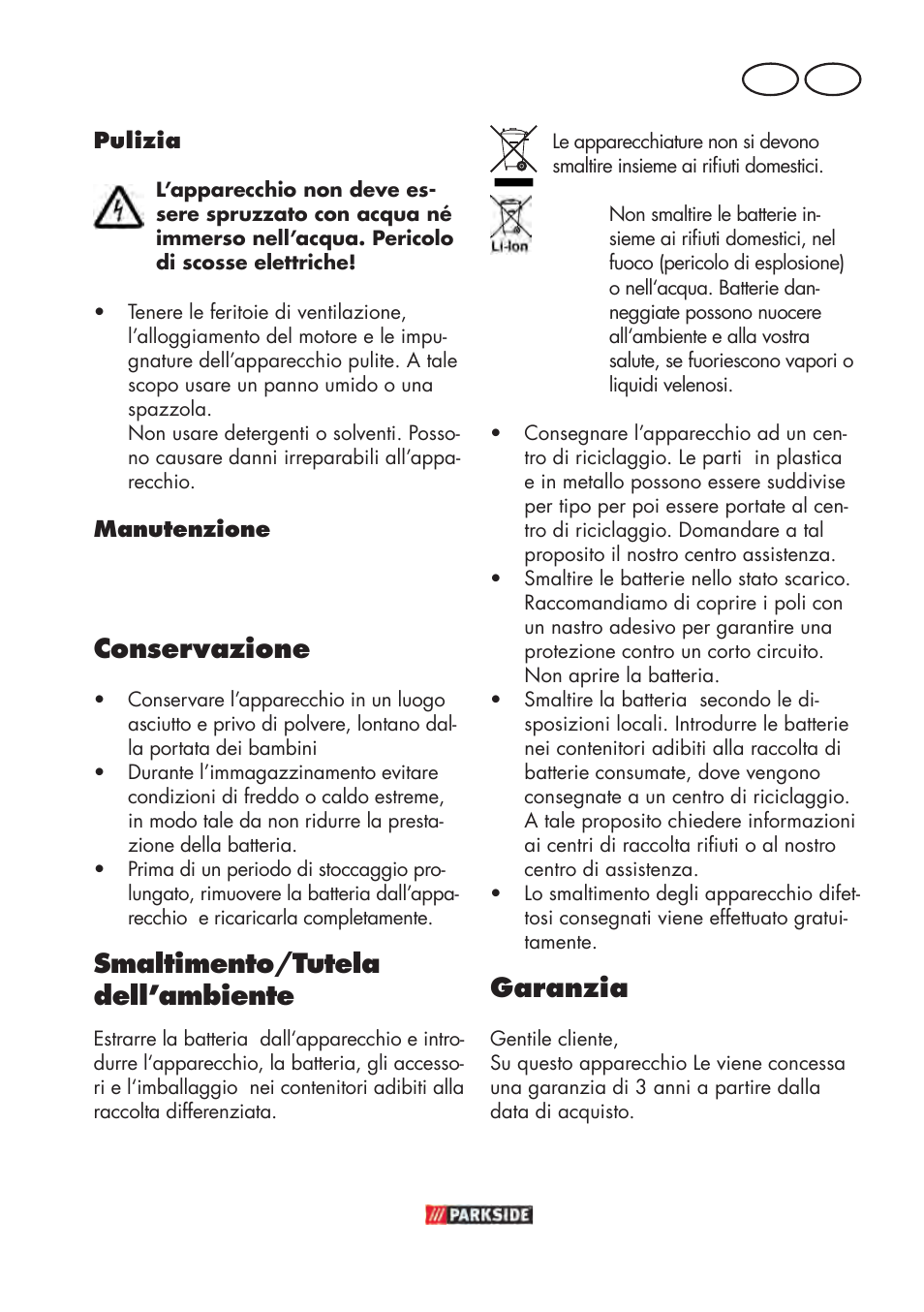 Conservazione, Smaltimento/tutela dell’ambiente, Garanzia | Parkside PABSW 10.8 B3 User Manual | Page 29 / 84