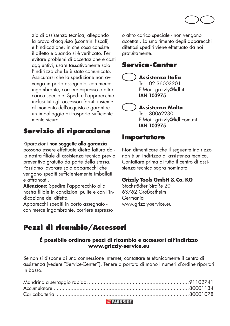 Servizio di riparazione, Service-center, Importatore | Pezzi di ricambio/accessori | Parkside PABSW 10.8 B3 User Manual | Page 31 / 84
