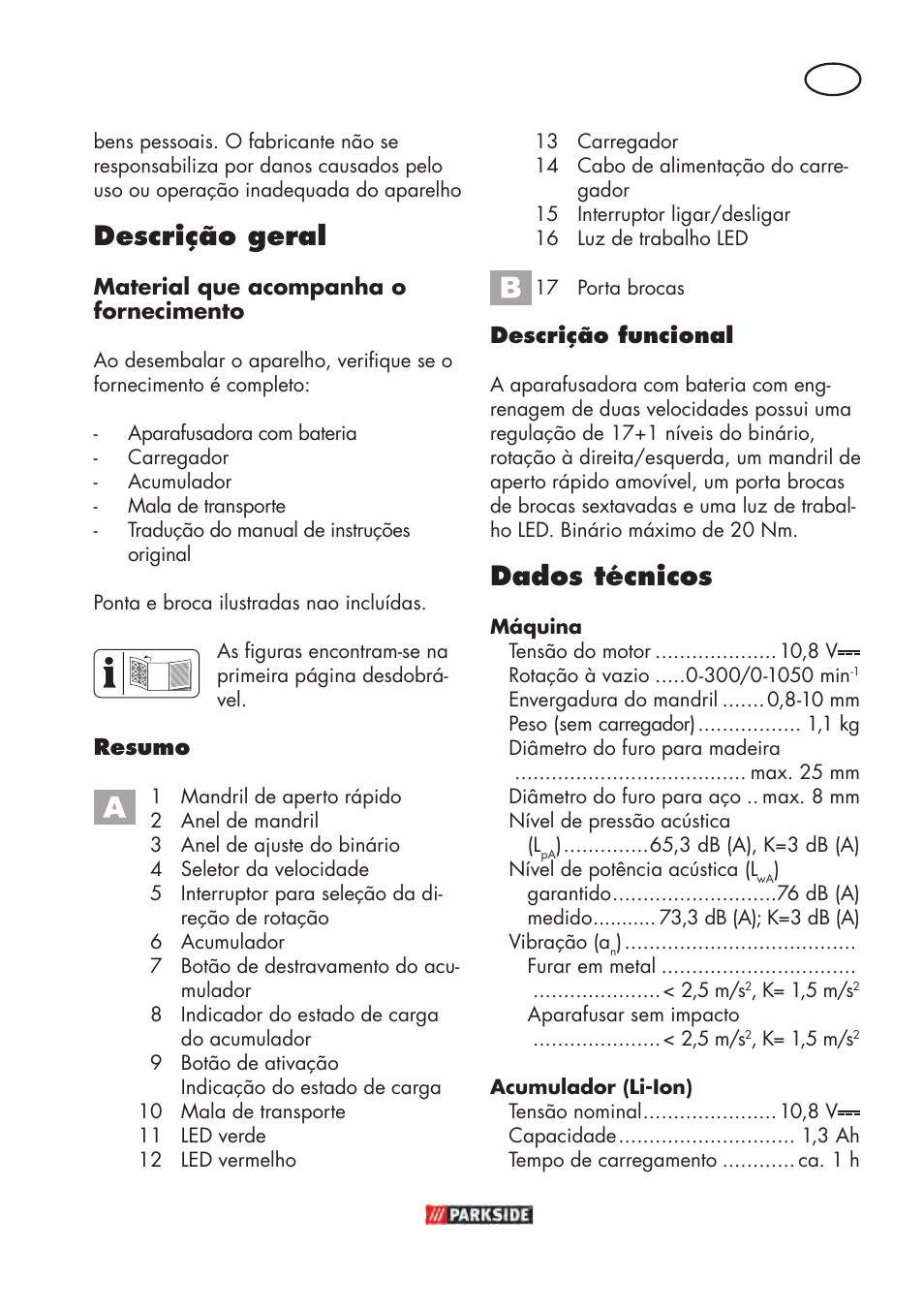 Descrição geral, Dados técnicos | Parkside PABSW 10.8 B3 User Manual | Page 33 / 84