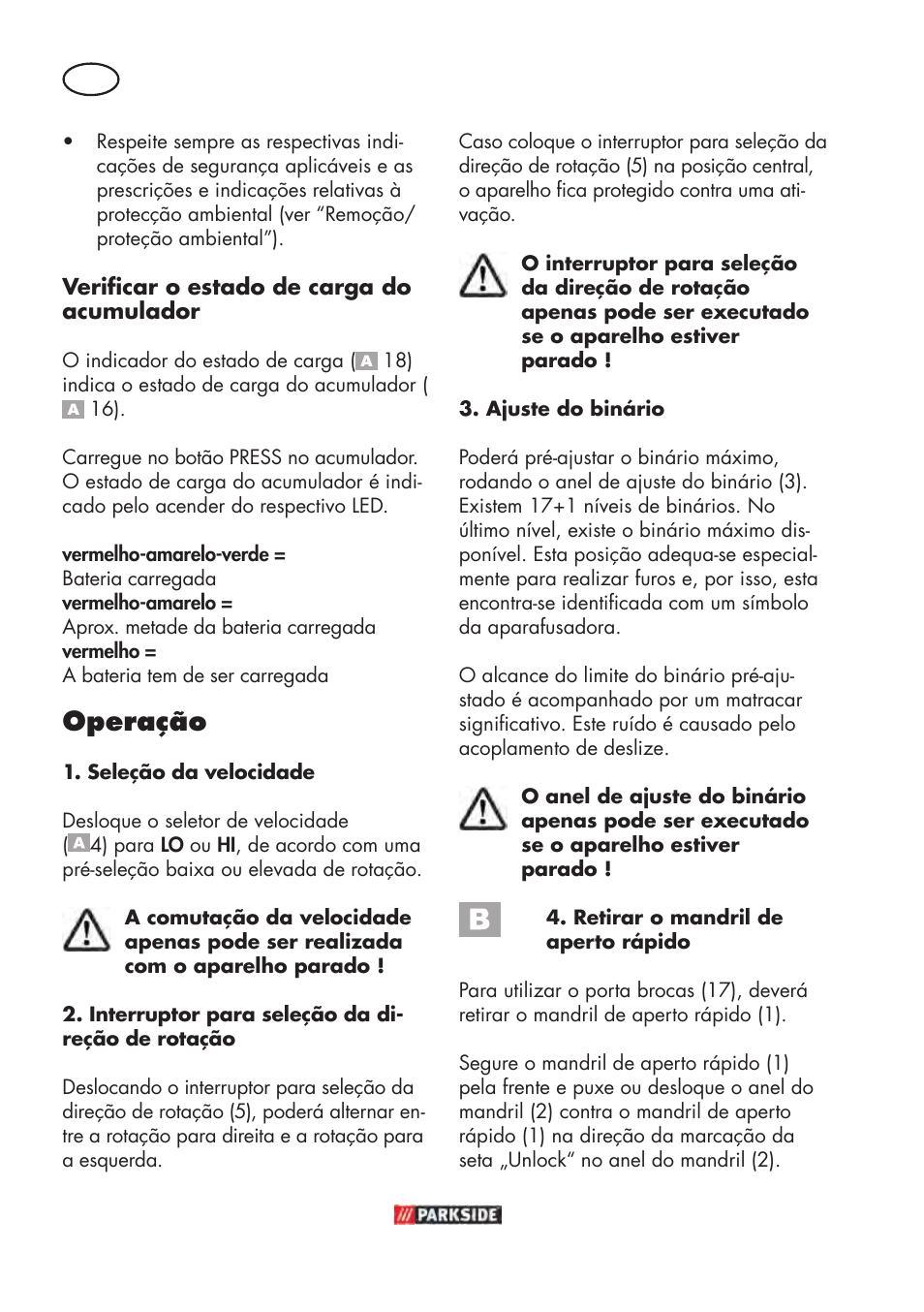 Operação | Parkside PABSW 10.8 B3 User Manual | Page 40 / 84