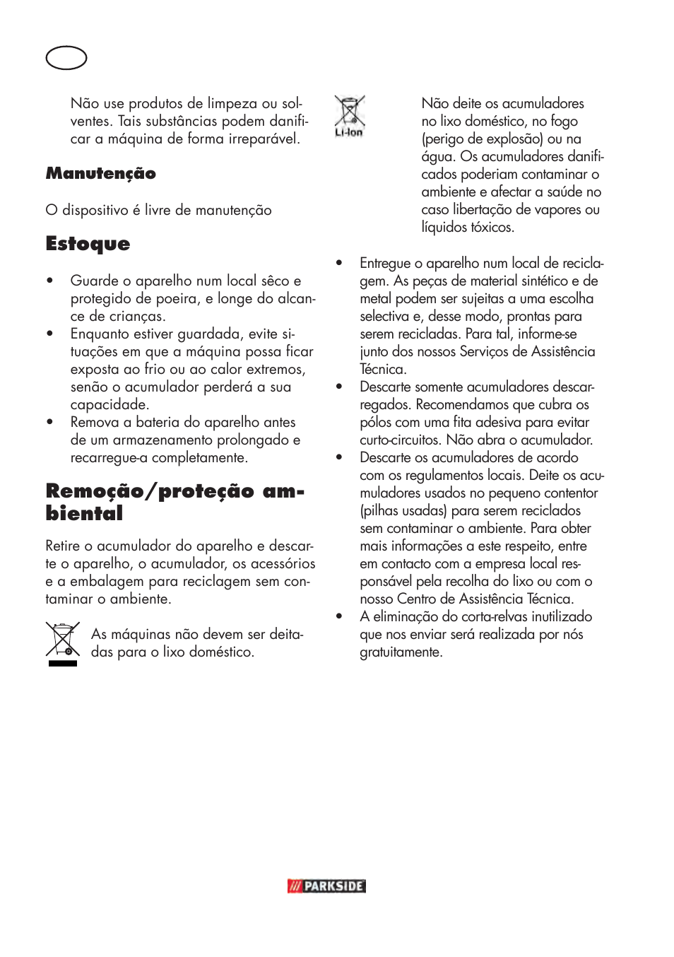 Estoque, Remoção/proteção am- biental | Parkside PABSW 10.8 B3 User Manual | Page 42 / 84