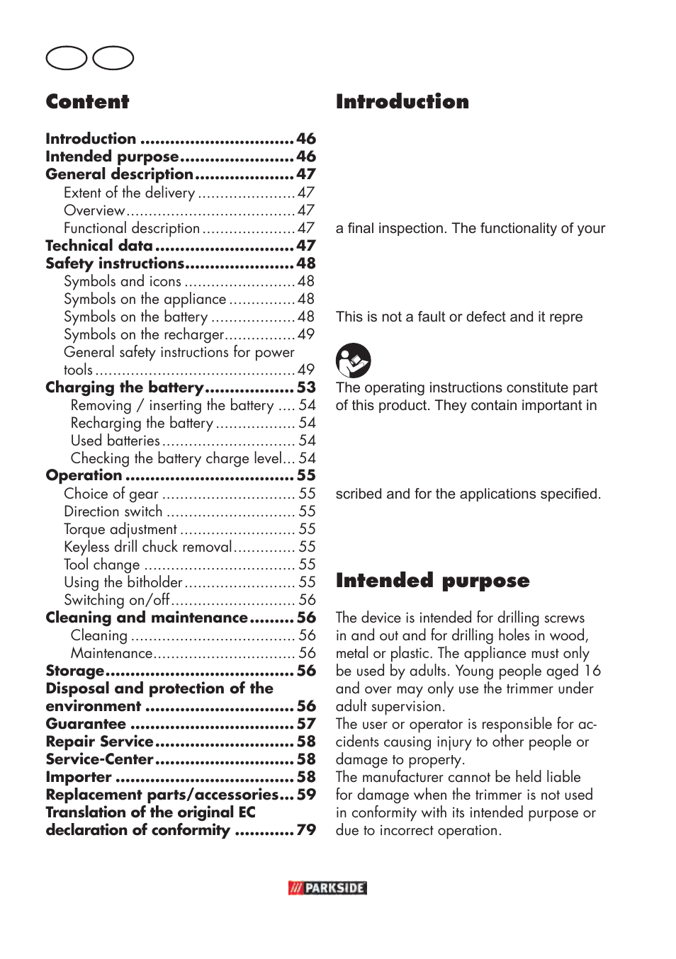 Content, Introduction, Intended purpose | Gb mt | Parkside PABSW 10.8 B3 User Manual | Page 46 / 84