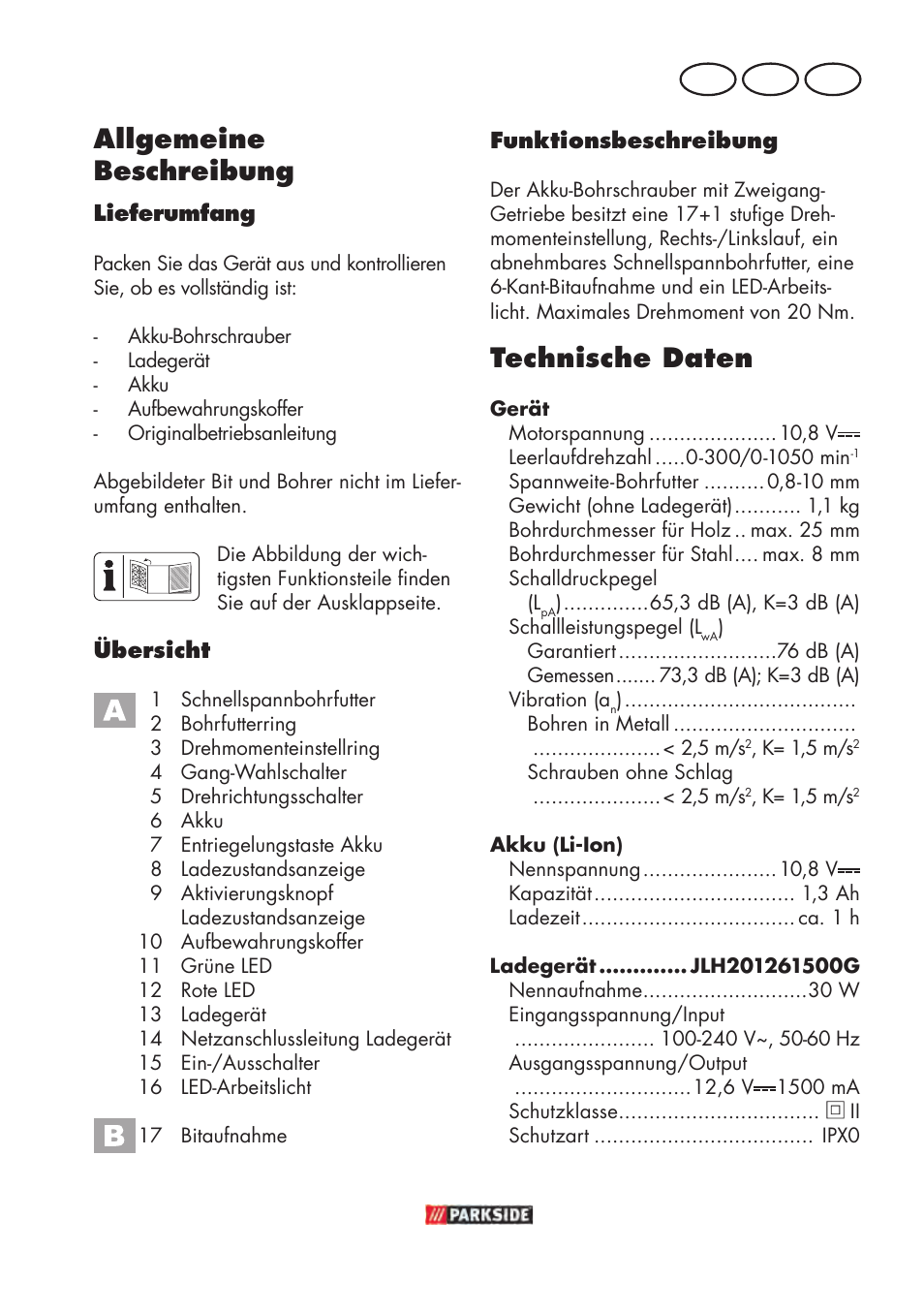 Allgemeine beschreibung, Technische daten, De at ch | Parkside PABSW 10.8 B3 User Manual | Page 61 / 84