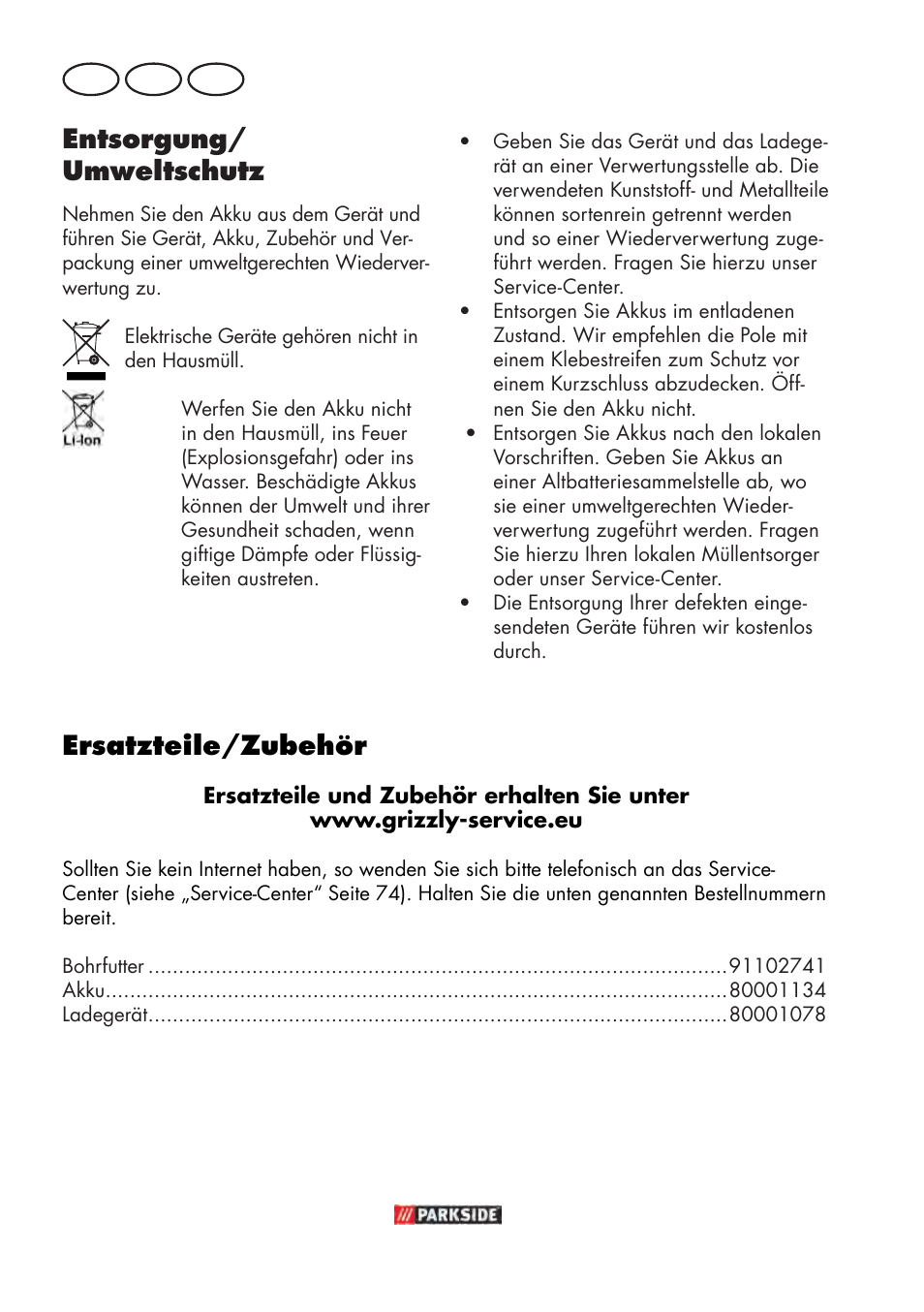 Entsorgung/ umweltschutz, Ersatzteile/zubehör | Parkside PABSW 10.8 B3 User Manual | Page 72 / 84