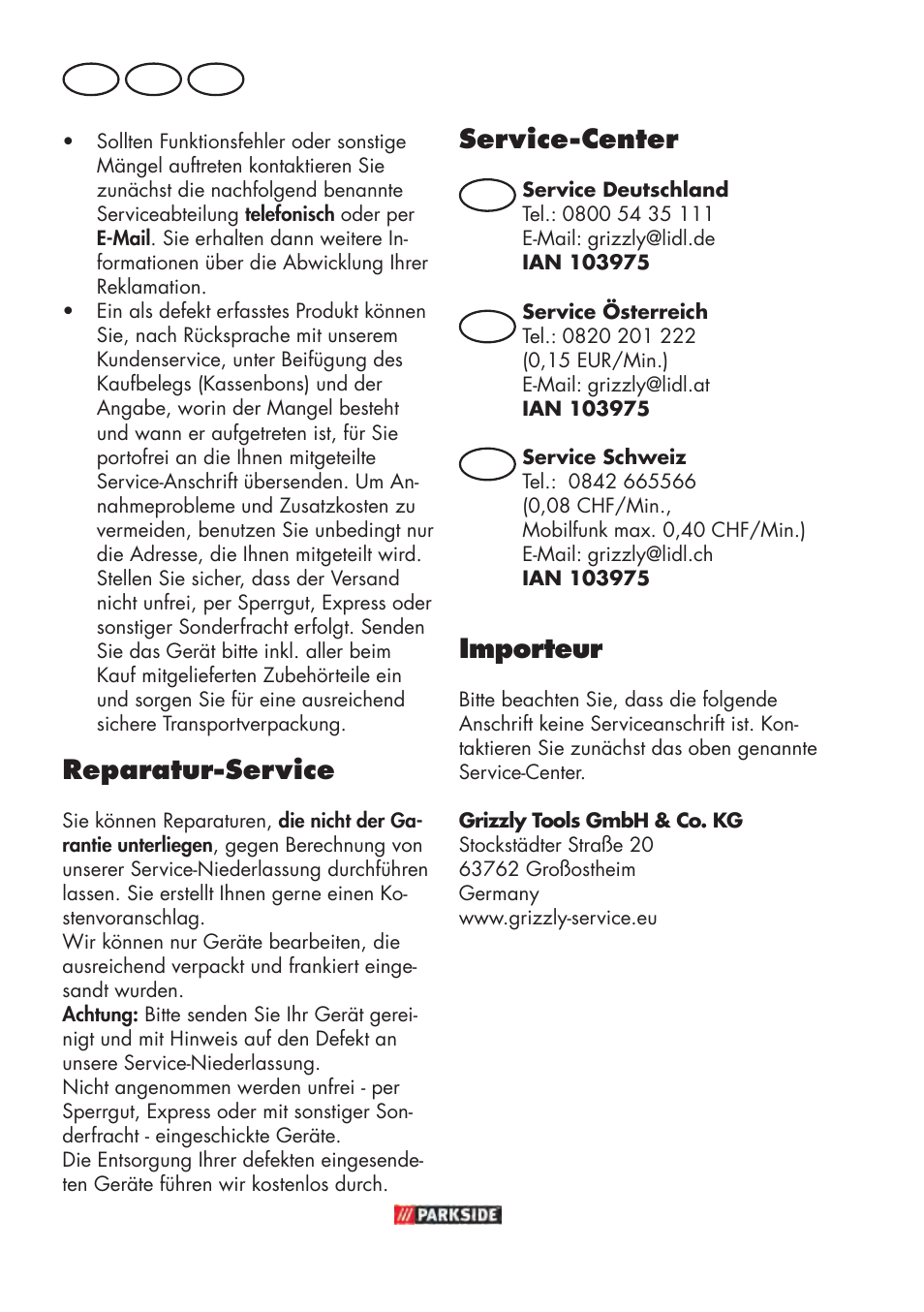 Service-center, Importeur, Reparatur-service | De at ch | Parkside PABSW 10.8 B3 User Manual | Page 74 / 84