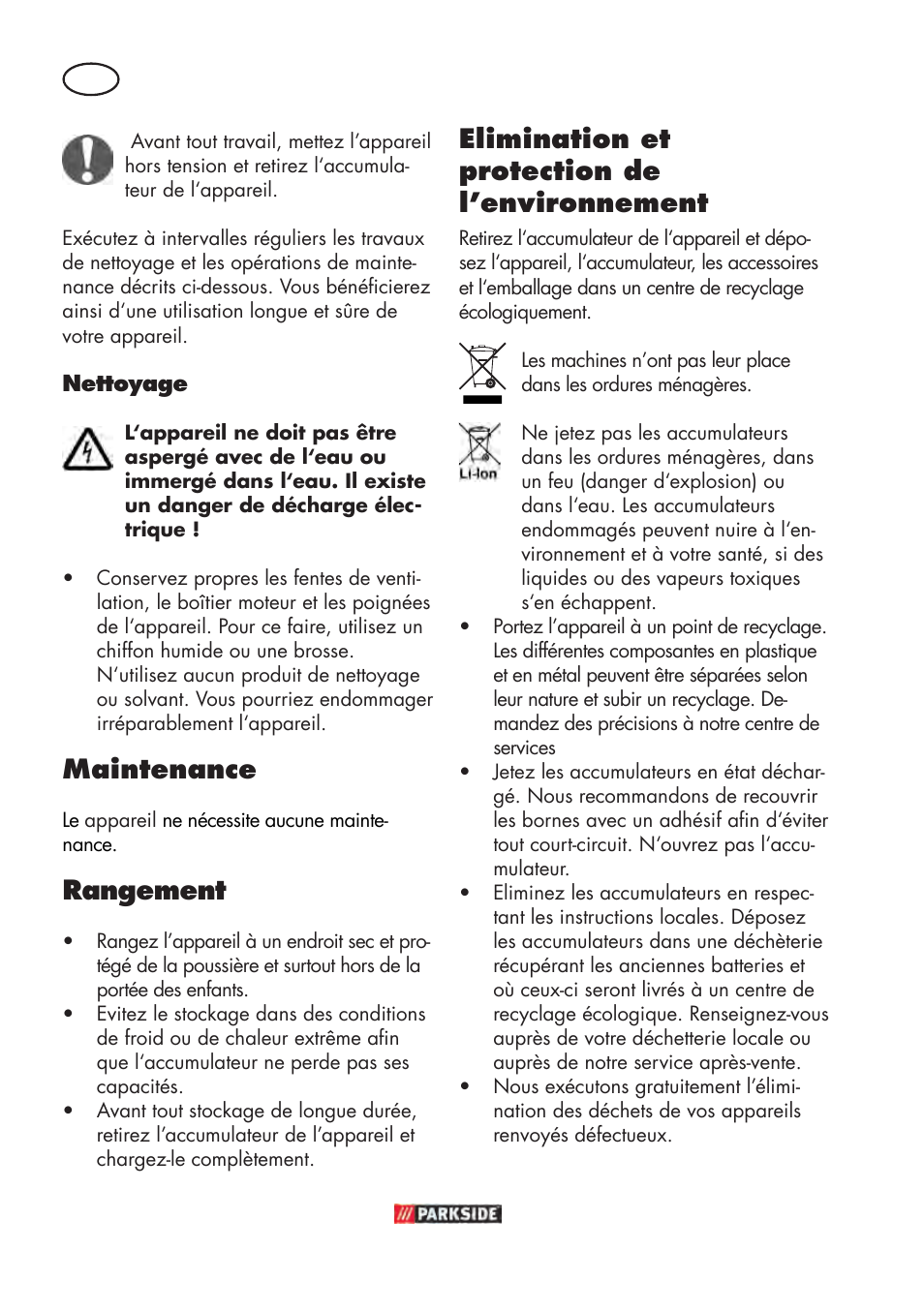 Maintenance, Rangement, Elimination et protection de l’environnement | Parkside PABSW 10.8 B3 User Manual | Page 16 / 56