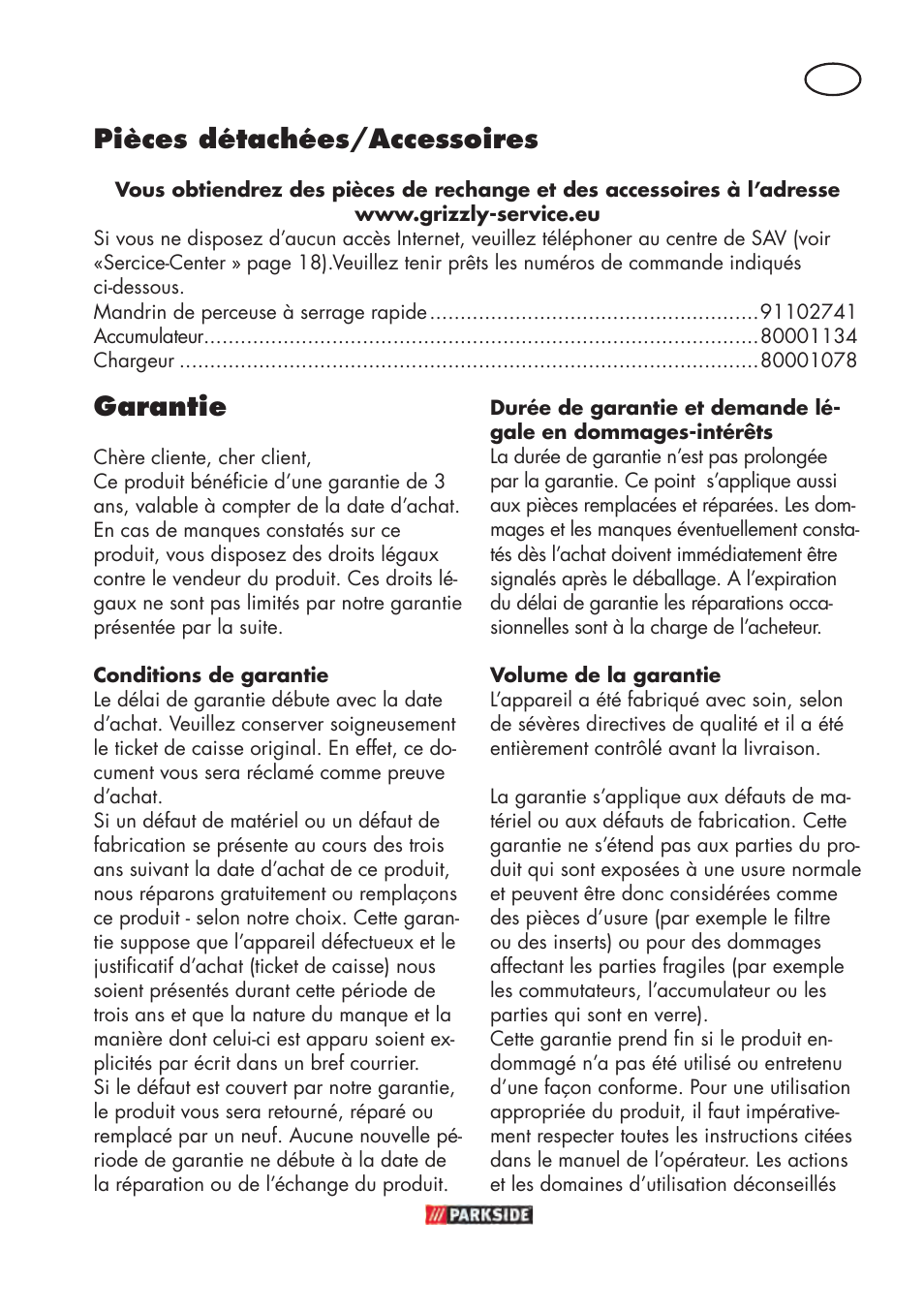 Garantie, Pièces détachées/accessoires | Parkside PABSW 10.8 B3 User Manual | Page 17 / 56