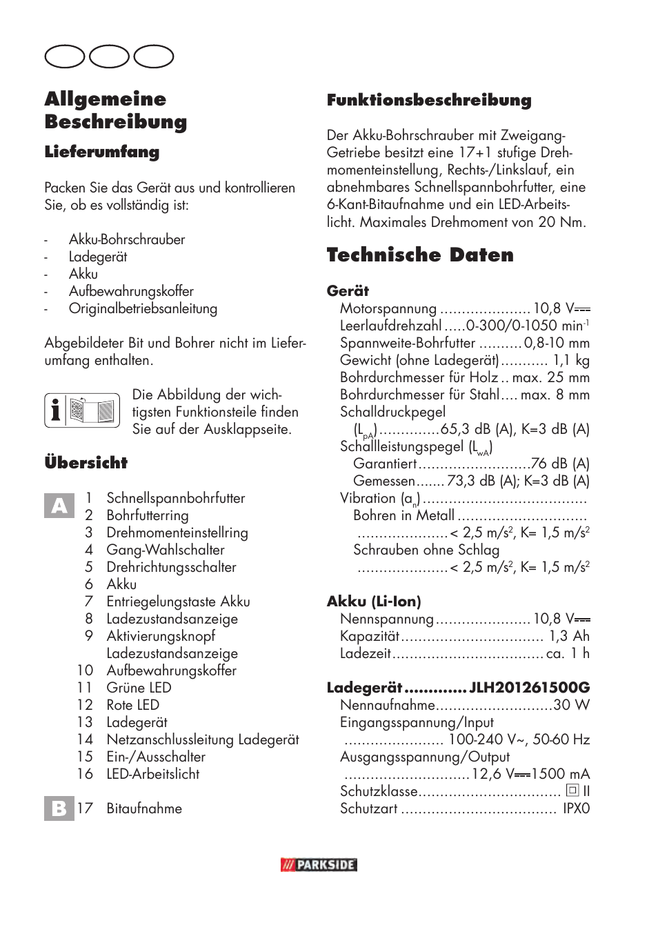 Allgemeine beschreibung, Technische daten, De at ch | Parkside PABSW 10.8 B3 User Manual | Page 20 / 56