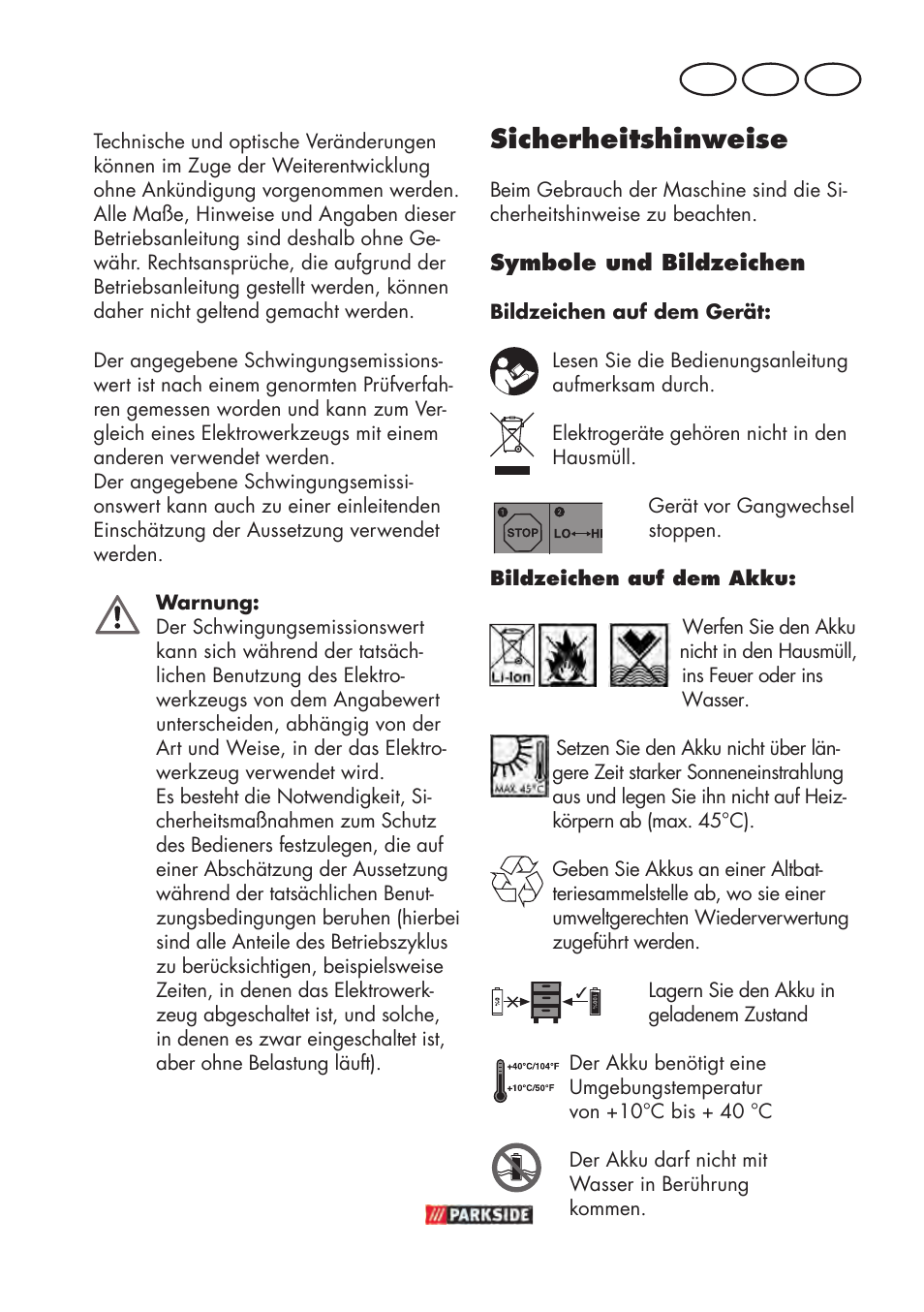 Sicherheitshinweise, De at ch | Parkside PABSW 10.8 B3 User Manual | Page 21 / 56