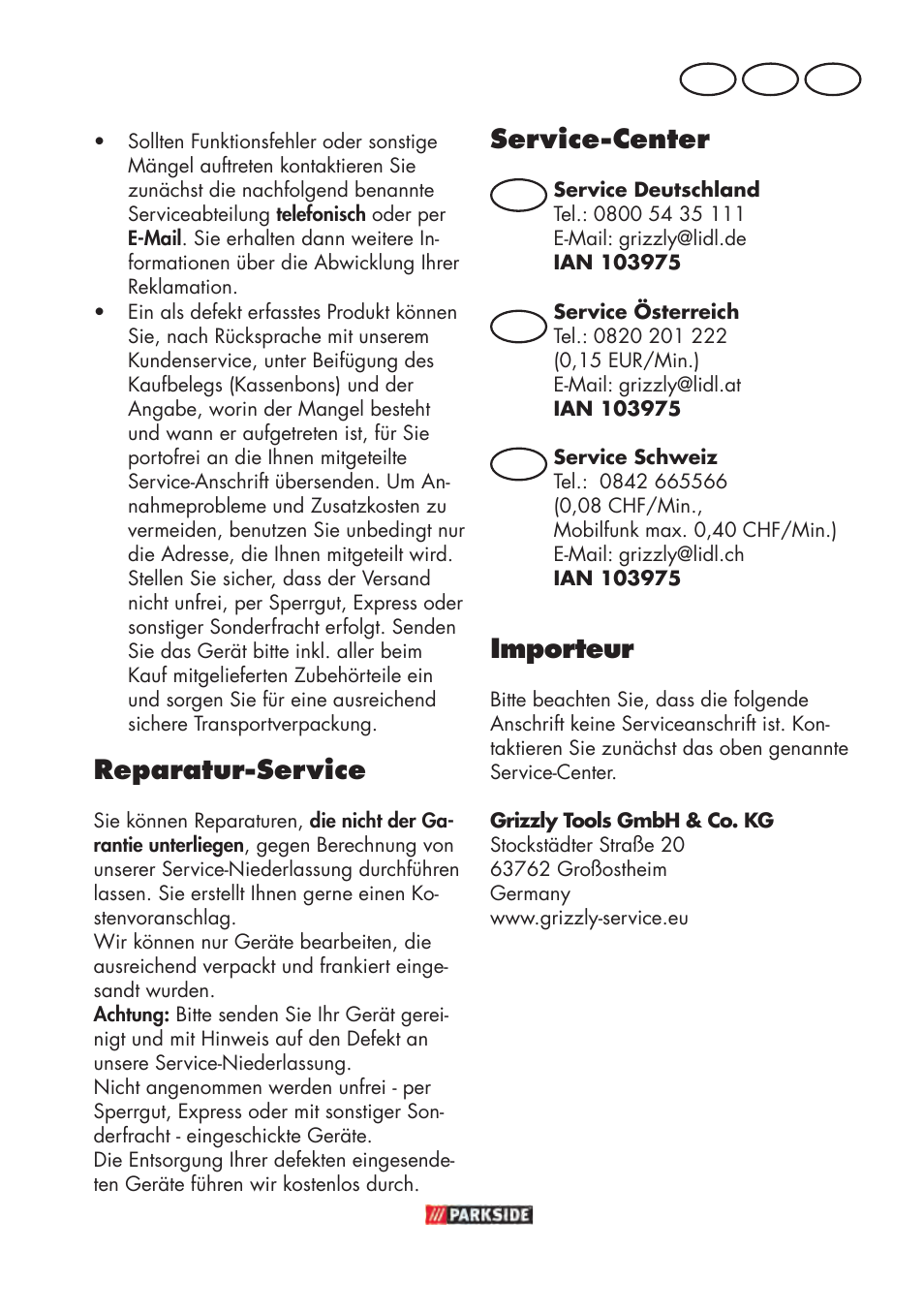 Service-center, Importeur, Reparatur-service | De at ch | Parkside PABSW 10.8 B3 User Manual | Page 33 / 56