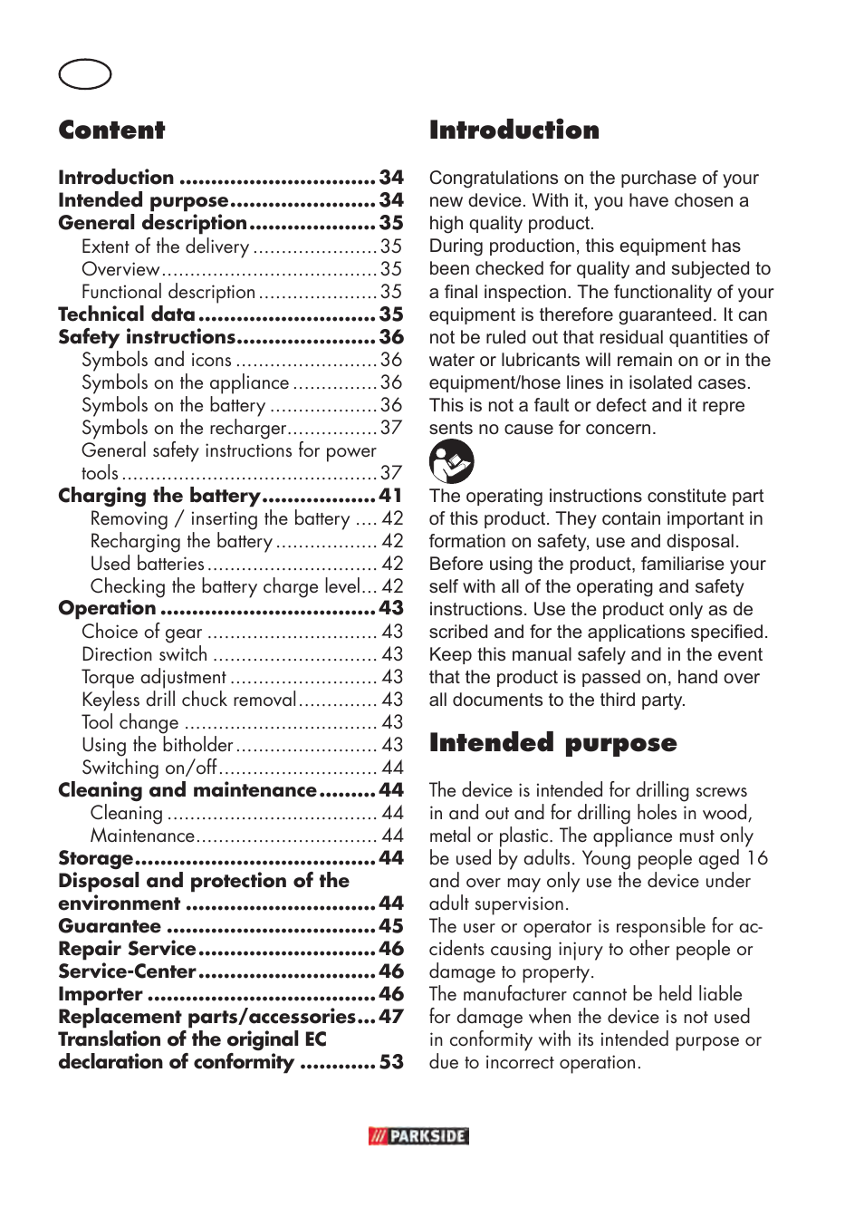 Content, Introduction, Intended purpose | Parkside PABSW 10.8 B3 User Manual | Page 34 / 56