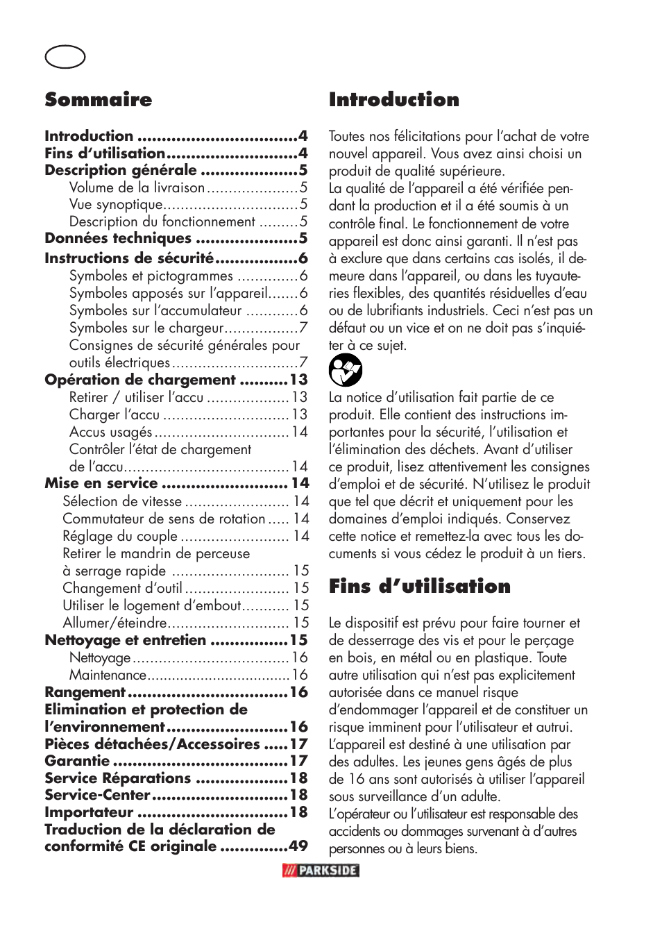Sommaire, Introduction, Fins d’utilisation | Parkside PABSW 10.8 B3 User Manual | Page 4 / 56