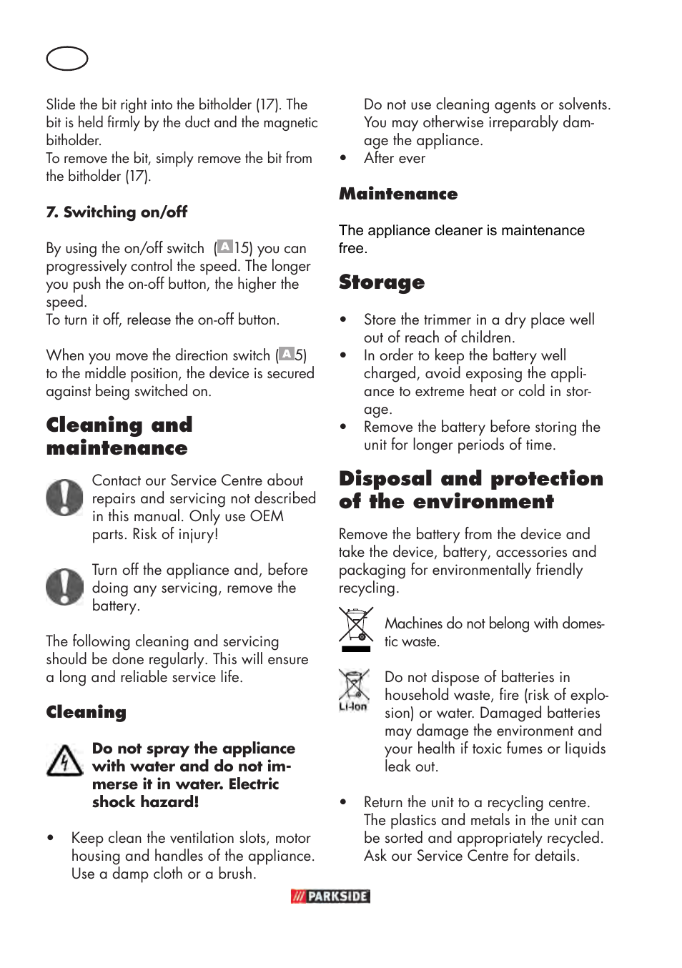 Cleaning and maintenance, Storage, Disposal and protection of the environment | Parkside PABSW 10.8 B3 User Manual | Page 44 / 56