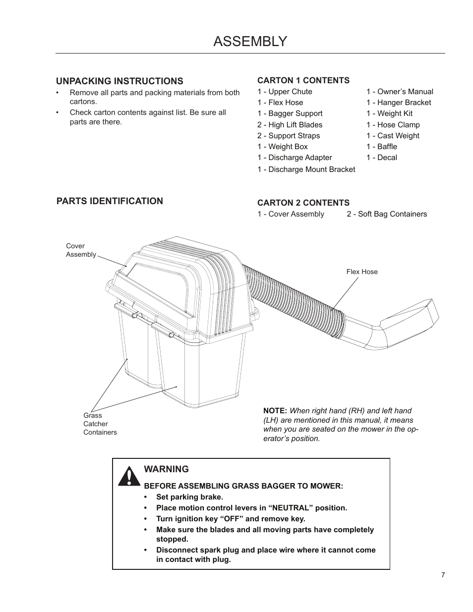Assembly, Unpacking instructions, Parts identification | Dixon SpeedZTR 115 150227 User Manual | Page 6 / 15