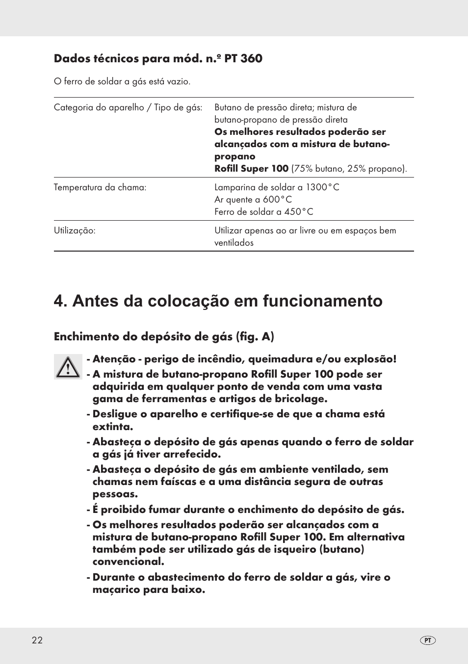 Antes da colocação em funcionamento | Parkside PT360 User Manual | Page 22 / 44