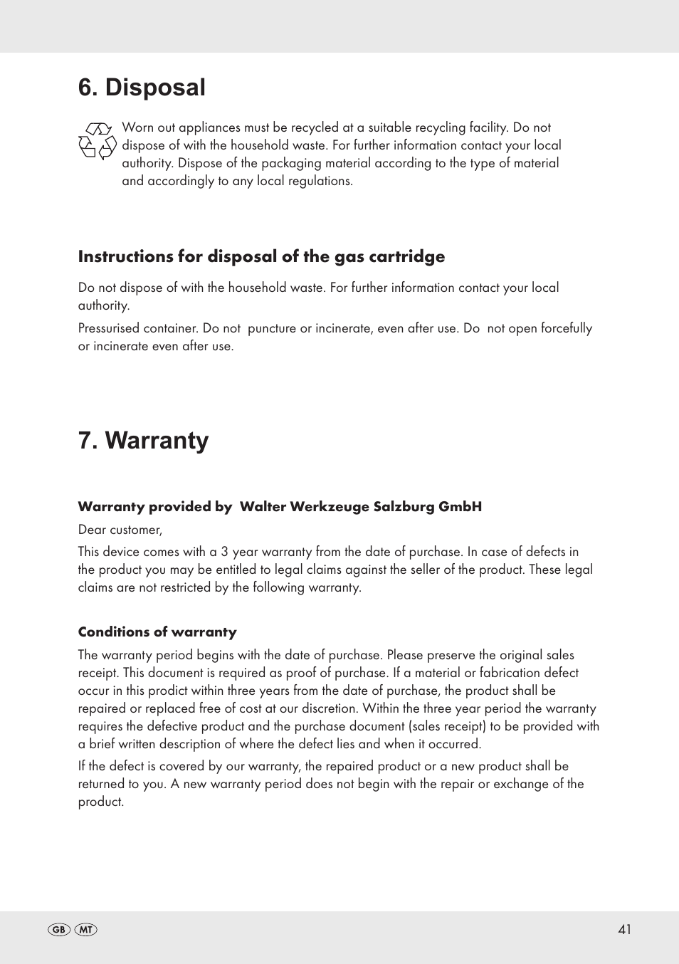 Disposal, Warranty | Parkside PT360 User Manual | Page 41 / 44