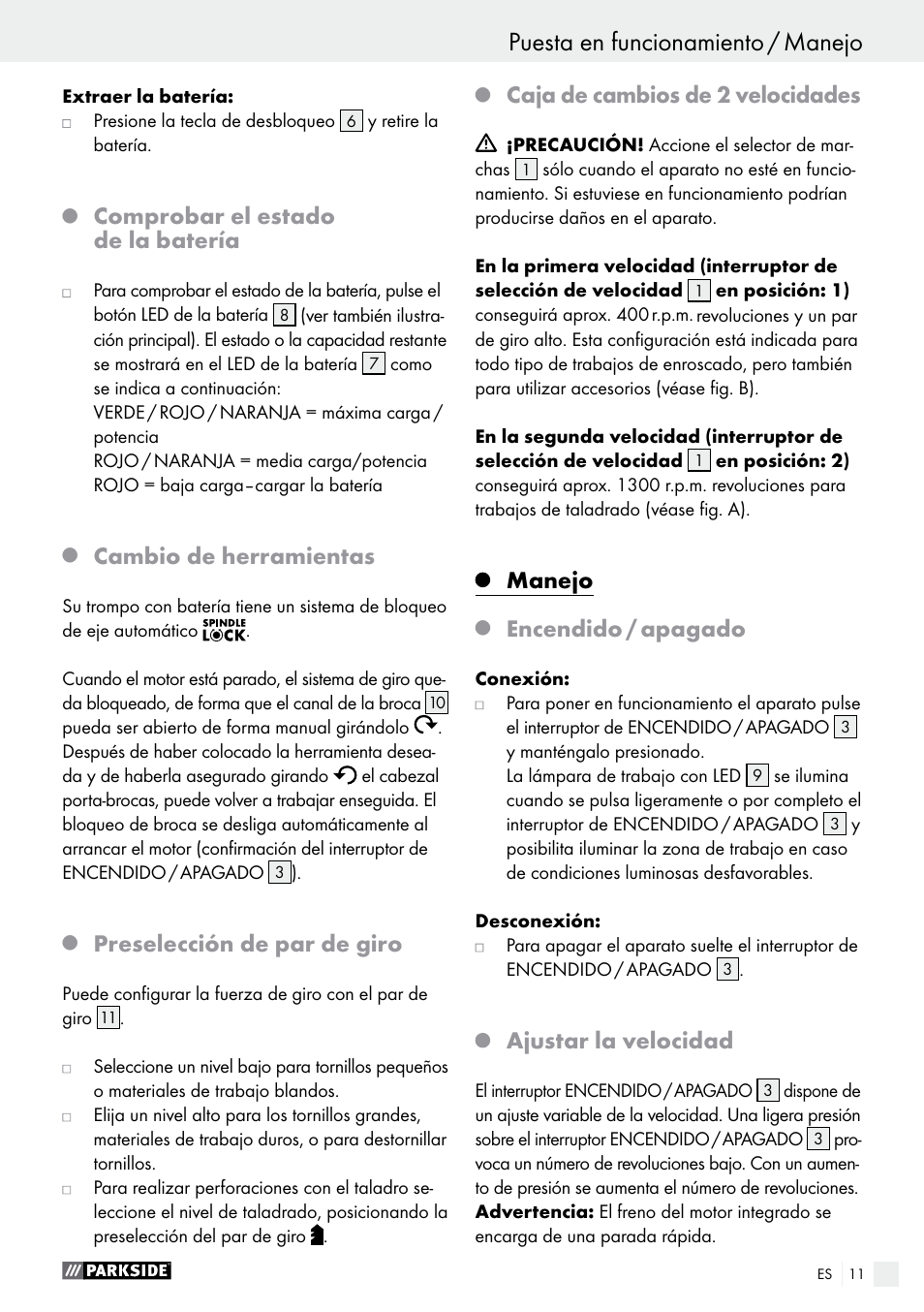 Comprobar el estado de la batería, Cambio de herramientas, Preselección de par de giro | Caja de cambios de 2 velocidades, Manejo, Encendido / apagado, Ajustar la velocidad | Parkside PABS 14.4 A1 User Manual | Page 11 / 55