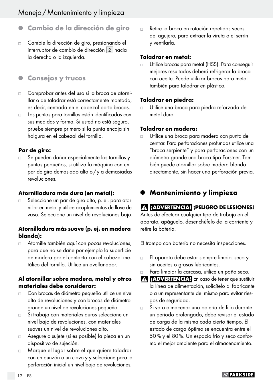 Cambio de la dirección de giro, Consejos y trucos, Mantenimiento y limpieza | Parkside PABS 14.4 A1 User Manual | Page 12 / 55