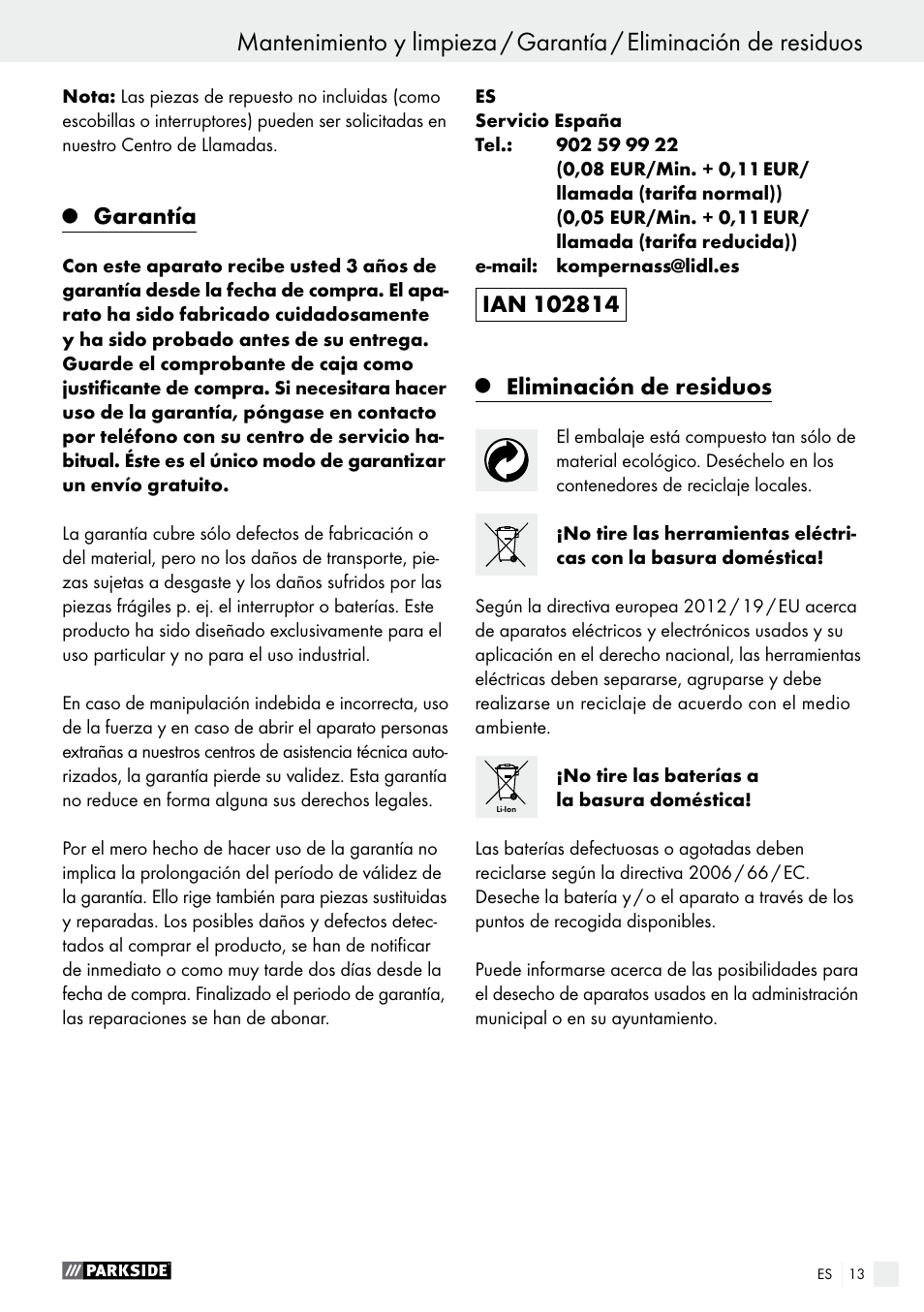 Garantía, Eliminación de residuos | Parkside PABS 14.4 A1 User Manual | Page 13 / 55