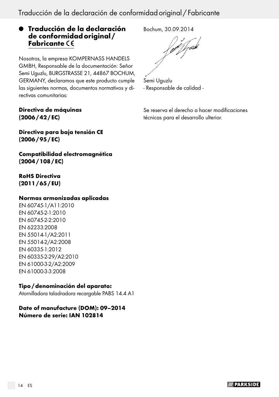 Indice | Parkside PABS 14.4 A1 User Manual | Page 14 / 55
