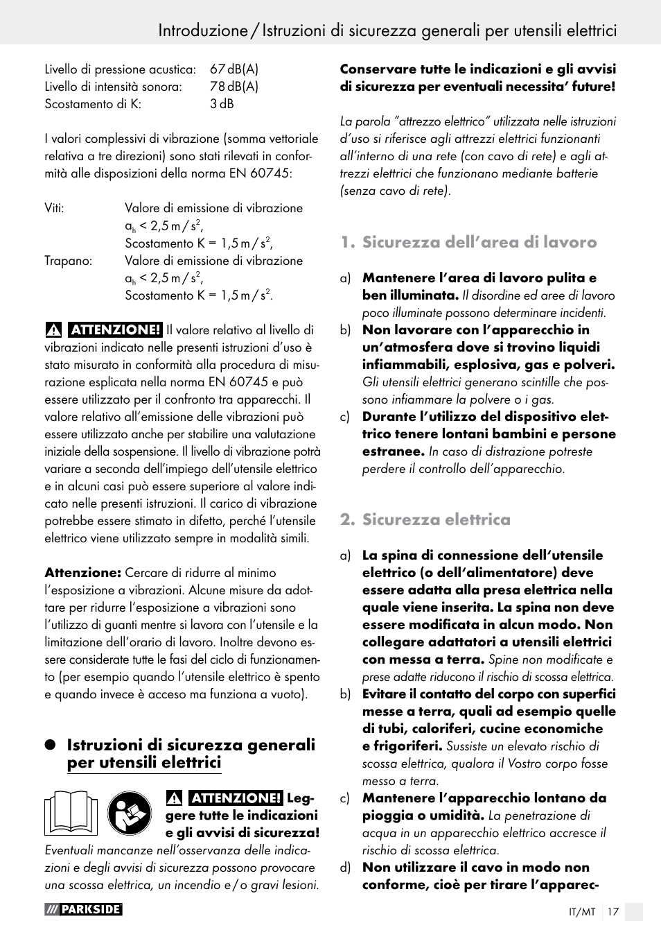 Introduzione, Sicurezza dell’area di lavoro, Sicurezza elettrica | Parkside PABS 14.4 A1 User Manual | Page 17 / 55
