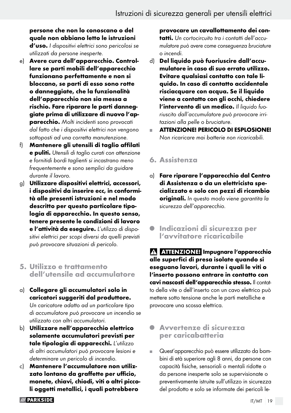 Assistenza, Avvertenze di sicurezza per caricabatteria | Parkside PABS 14.4 A1 User Manual | Page 19 / 55