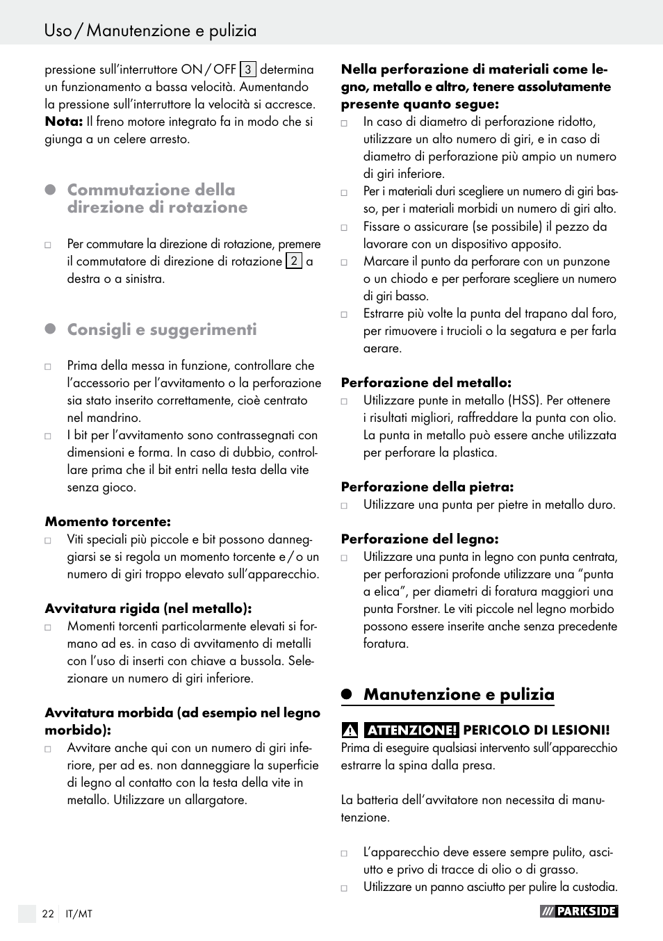 Uso / manutenzione e pulizia, Manutenzione e pulizia / garanzia / smaltimento, Commutazione della direzione di rotazione | Consigli e suggerimenti, Manutenzione e pulizia | Parkside PABS 14.4 A1 User Manual | Page 22 / 55