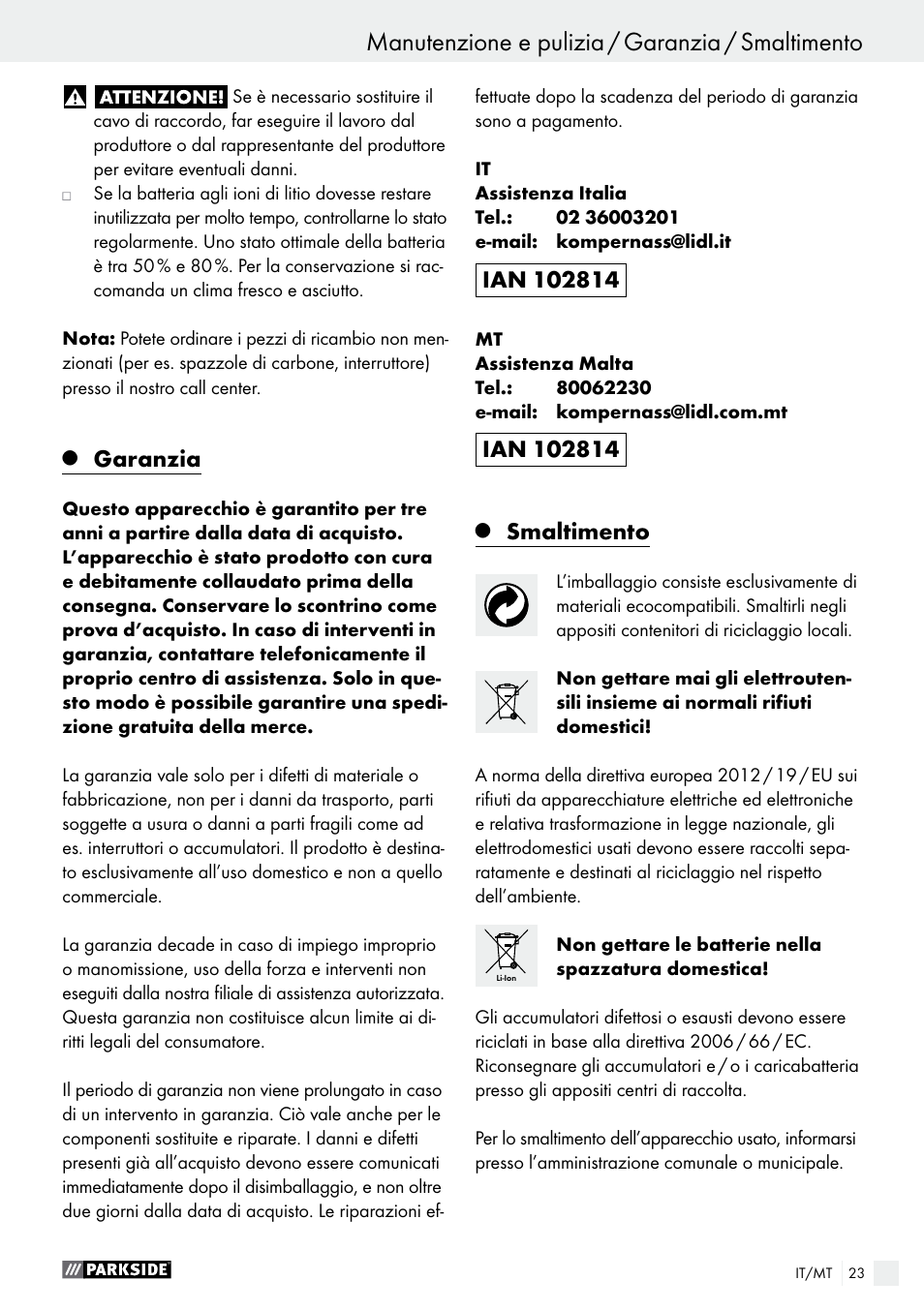 Garanzia, Smaltimento | Parkside PABS 14.4 A1 User Manual | Page 23 / 55